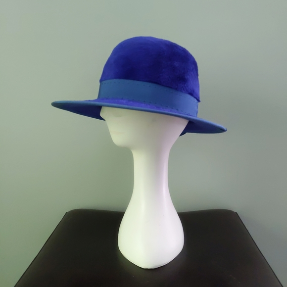 Vintage 1960s Empress Royal Blue Mod Fuzzy Fur Felt Wide Brim Floppy Hat - Picture 5 of 9